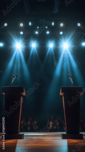 Political debate on stage with two speakers at podiums, bright spotlights and blurred audience in the background, formal minimalistic style
