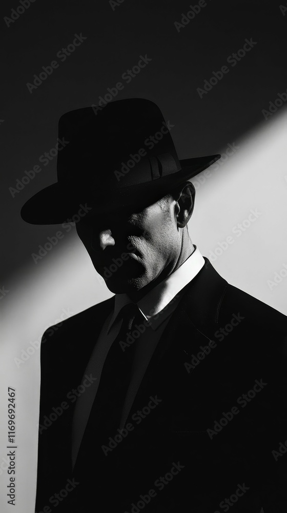 Strict portrait of a man in black and white tones, strong shadows and contrast, studio lighting Strict portrait of a man in black and white tones, strong shadows and contrast, studio lighting