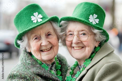 The senior friends in leprechaun hat celebrating St Patrick's day in pub