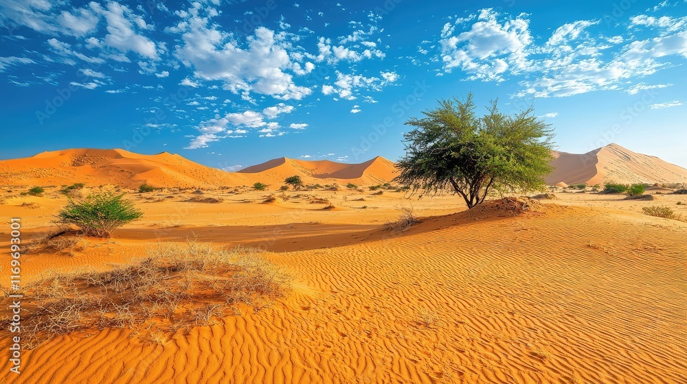 Vibrant Desert Landscape with Sand Dunes and Blue Sky Above Vibrant Desert Landscape with Sand Dunes and Blue Sky Above