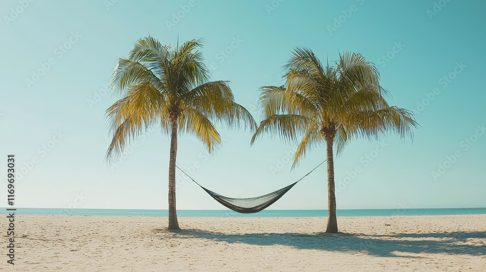 Obraz premium Relaxing Hammock Between Palm Trees on a Tropical Beach Scene
