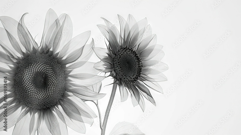 Φωτογραφία Black and white photo of two sunflowers against a white and black background