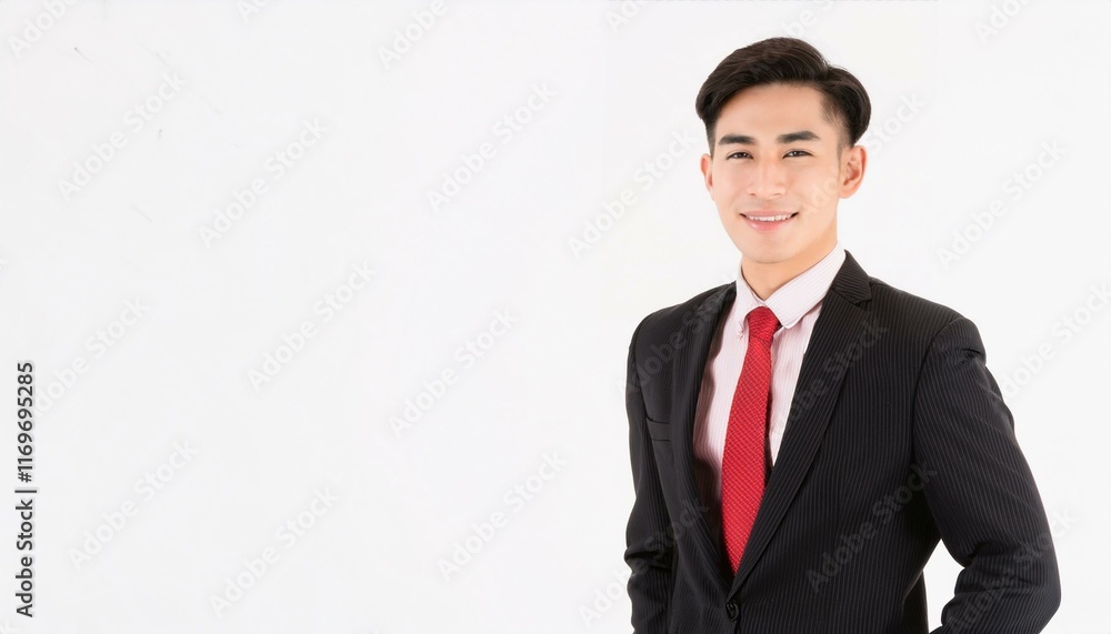 Confident Young Businessman: Portrait of a smiling Asian businessman in a sharp suit and red tie, exuding confidence and professionalism. Confident Young Businessman: Portrait of a smiling Asian businessman in a sharp suit and red tie, exuding confidence and professionalism.