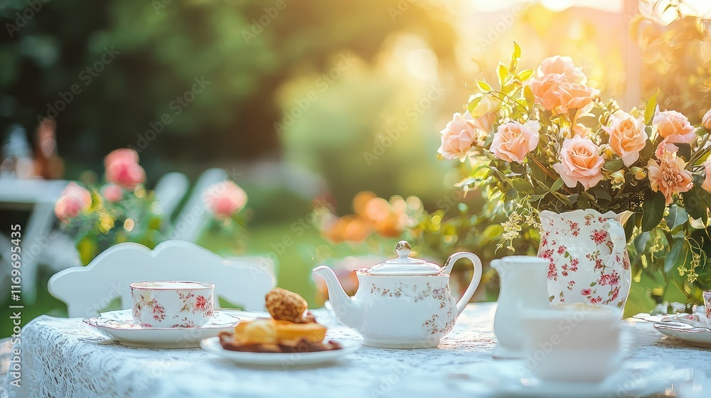 Elegant Afternoon Tea Setup with Flowers in Garden Setting Elegant Afternoon Tea Setup with Flowers in Garden Setting