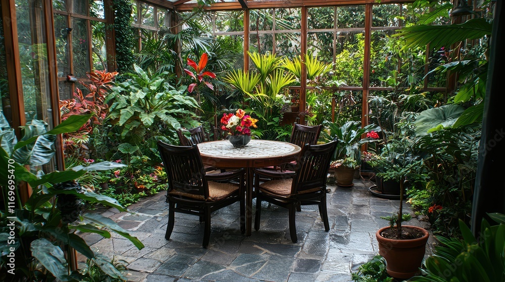Cozy Indoor Garden with Table and Chairs Surrounded by Lush Plants Cozy Indoor Garden with Table and Chairs Surrounded by Lush Plants
