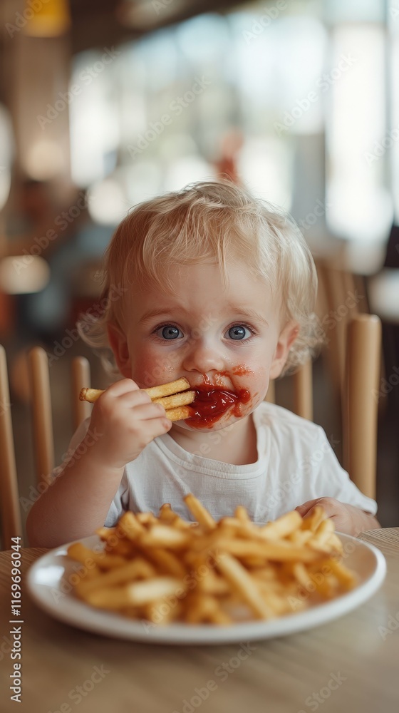 Toddler with ketchup smeared around their mouth, holding a plate with french fries, sitting in a brightly lit dining area, Toddler with ketchup smeared around their mouth, holding a plate with french fries, sitting in a brightly lit dining area,