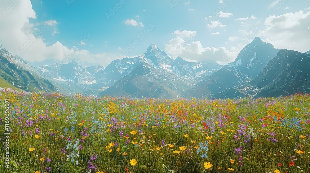 Fototapeta premium Vibrant Wildflower Meadow Against Majestic Mountain Landscape