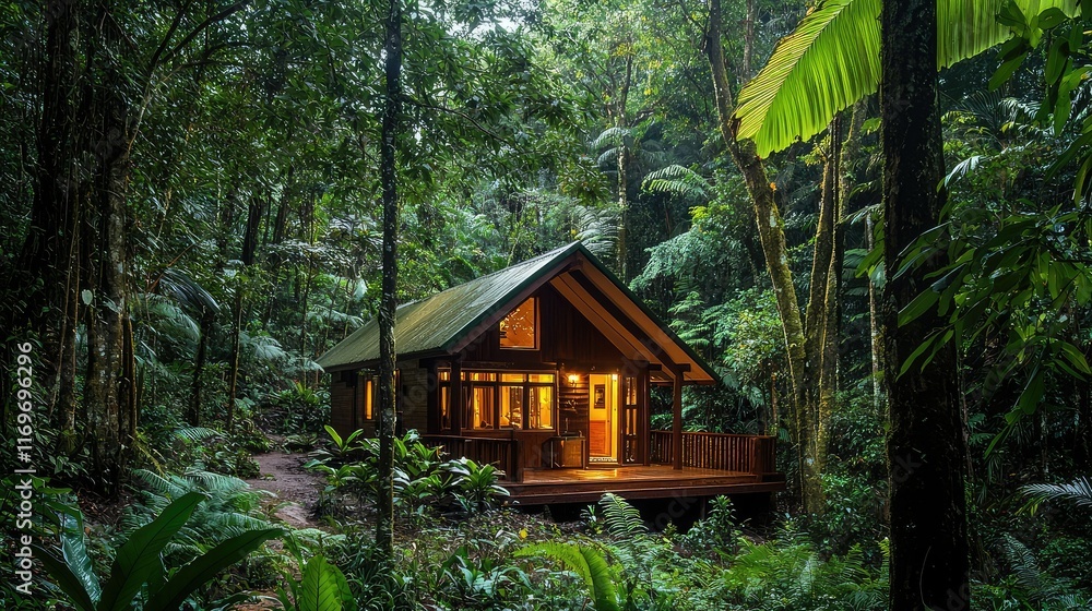 Rustic wooden cabin nestled in lush tropical rainforest landscape Rustic wooden cabin nestled in lush tropical rainforest landscape