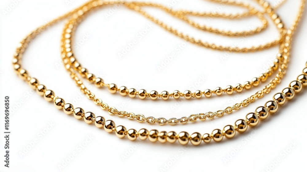Obraz premium Layered gold necklaces, isolated on white background, no shadows, .