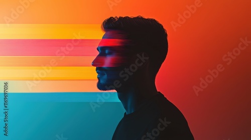 Stylish double exposure effect with a man's portrait and colorful gradient lines, futuristic modern design, sharp minimalistic presentation,
