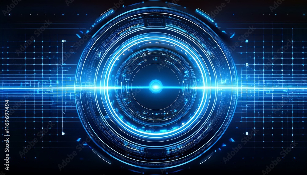 Digital Interface: Futuristic circular interface with a bright blue light beam cutting through the center. This abstract image evokes a sense of technological advancement and innovation. Digital Interface: Futuristic circular interface with a bright blue light beam cutting through the center. This abstract image evokes a sense of technological advancement and innovation.
