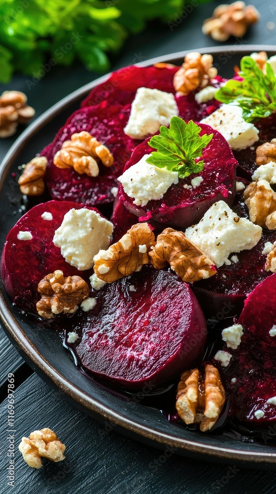 Fototapeta premium Fresh Beetroot Salad with Cheese and Walnuts on Dark Wooden Table
