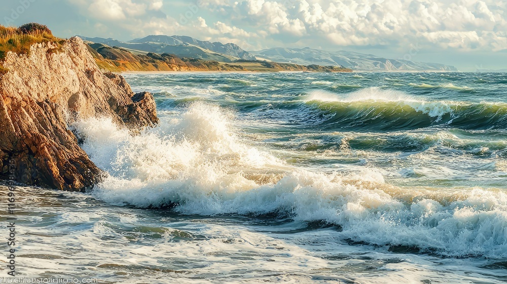 Serene Coastal Landscape with Waves Crashing on Rocky Shoreline Serene Coastal Landscape with Waves Crashing on Rocky Shoreline