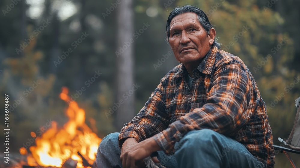 Middle aged Native American man in his 50s, wearing a plaid shirt, seated near a campfire in a forested area Middle aged Native American man in his 50s, wearing a plaid shirt, seated near a campfire in a forested area