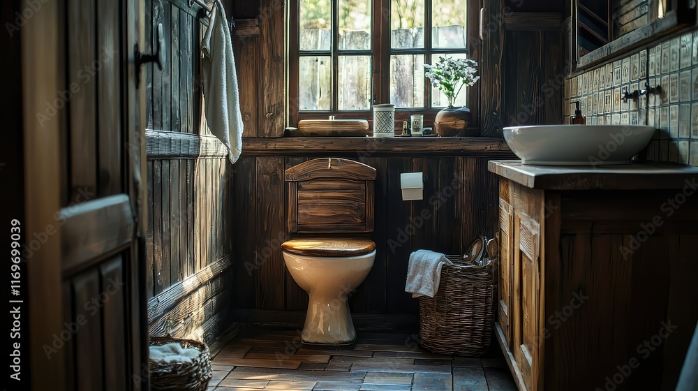 Cozy Rustic Bathroom with Wooden Accents and Natural Light Cozy Rustic Bathroom with Wooden Accents and Natural Light