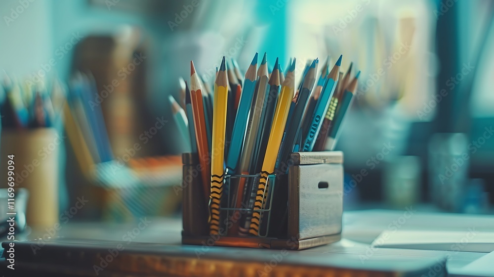 A detailed shot of a desk organizer holding neatly aligned pens and pencils. A detailed shot of a desk organizer holding neatly aligned pens and pencils.