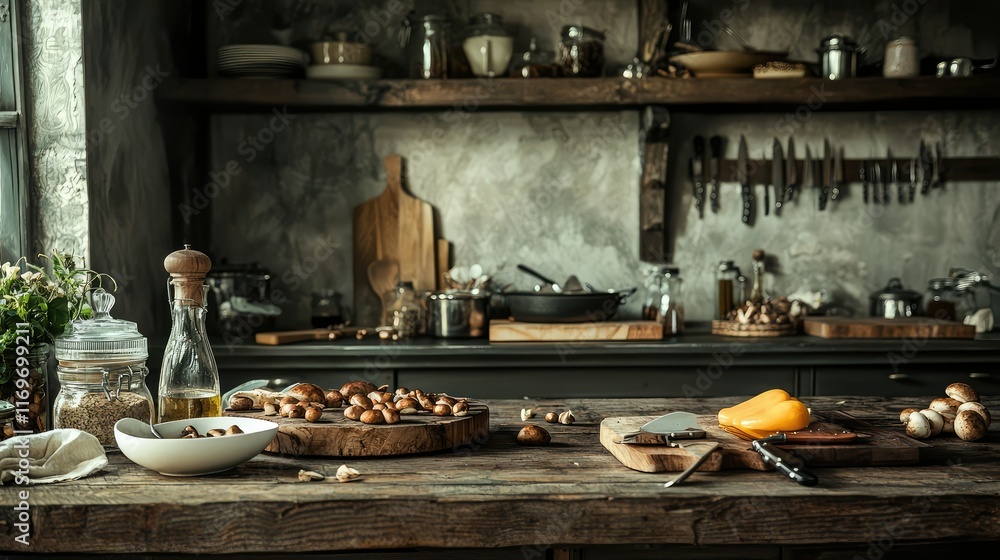 Cozy Rustic Kitchen Setup with Fresh Ingredients and Utensils Cozy Rustic Kitchen Setup with Fresh Ingredients and Utensils