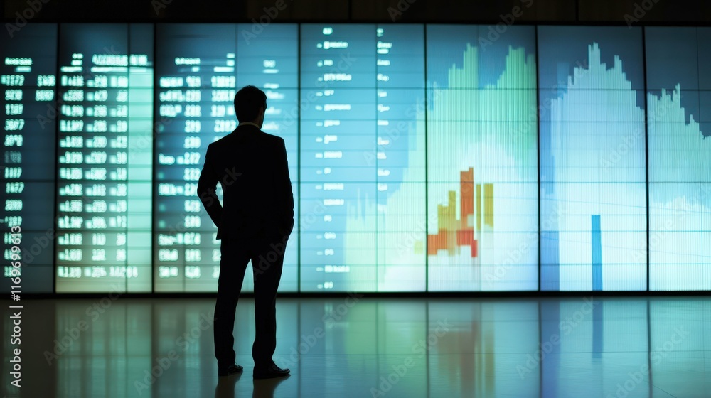 Stockbroker analyzing data on a large wall screen, charts and numbers in focus, corporate office background, bright lighting, minimalistic style Stockbroker analyzing data on a large wall screen, charts and numbers in focus, corporate office background, bright lighting, minimalistic style