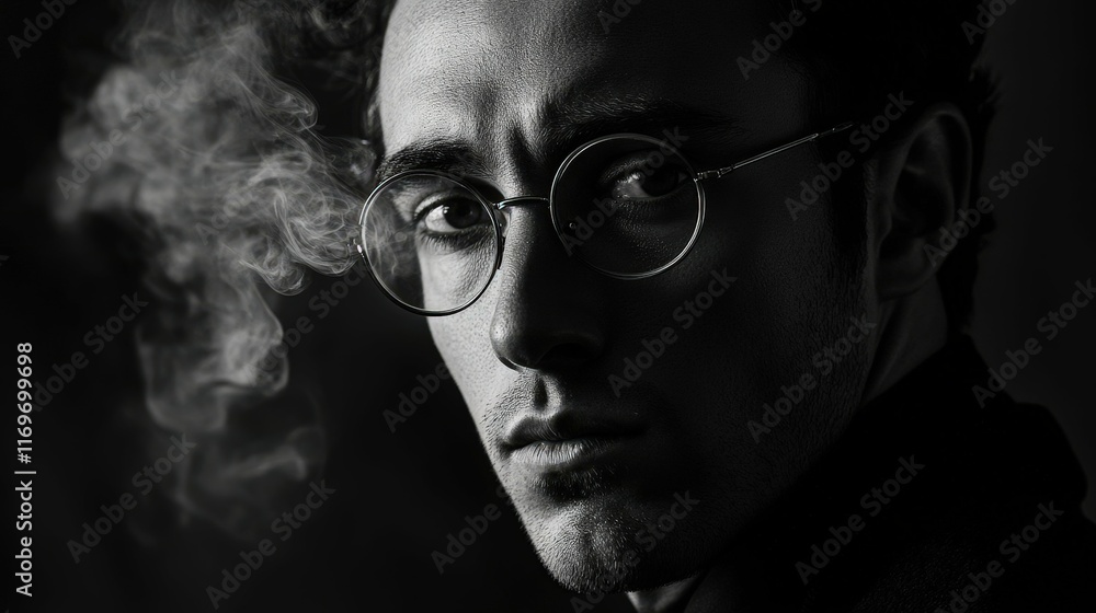 Fototapeta premium Strict portrait of a man in black and white tones, strong shadows and contrast, studio lighting