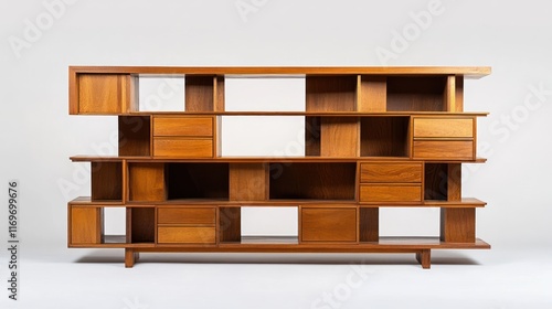 Mid-century modern wooden shelving unit, studio shot, minimalist background, home decor.