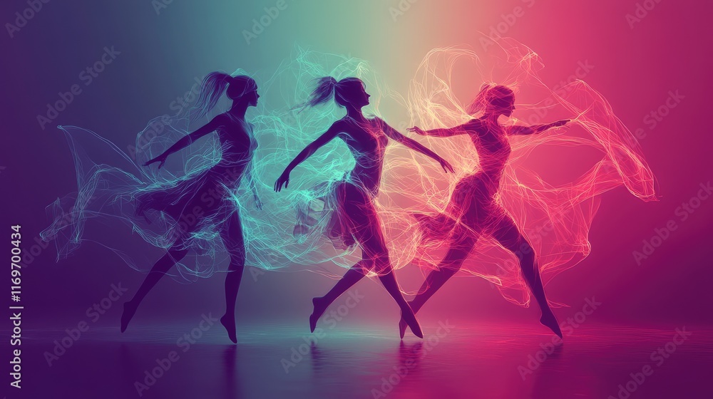 Fototapeta premium Dynamic Abstract Figures in Dance, Captured in a Minimalist Digital Art Environment, Isolated on a Clean Background