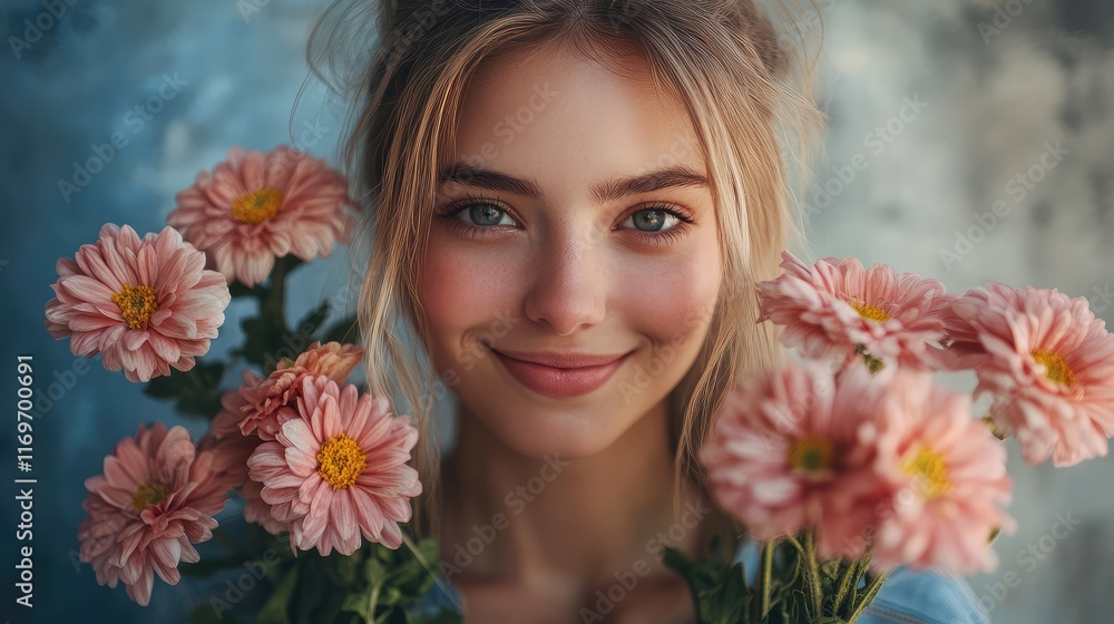 Serene Portrait of Young Woman in Casual Jeans with Fresh Spring Flowers, Embracing Nature and Beauty in Outdoor Setting Serene Portrait of Young Woman in Casual Jeans with Fresh Spring Flowers, Embracing Nature and Beauty in Outdoor Setting