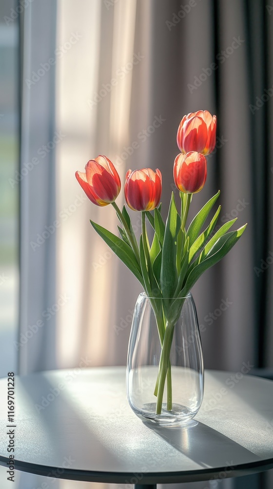 Tulips in a glass vase placed on a modern table, natural daylight streaming through a nearby window, minimalistic interior, Tulips in a glass vase placed on a modern table, natural daylight streaming through a nearby window, minimalistic interior,
