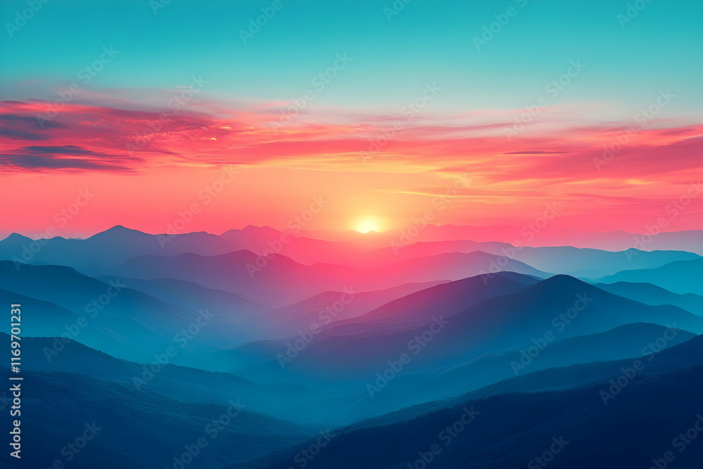 Vibrant sunset over majestic mountain range, showcasing layers of blue and pink hues. Vibrant sunset over majestic mountain range, showcasing layers of blue and pink hues.