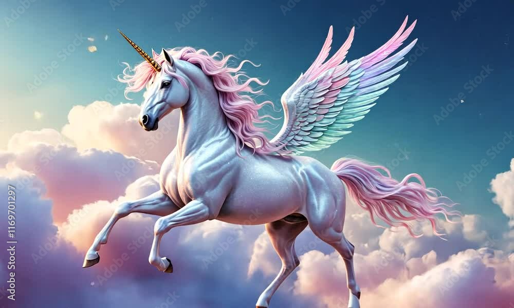 Majestic Winged Unicorn Soaring Through Dreamy Clouds Majestic Winged Unicorn Soaring Through Dreamy Clouds