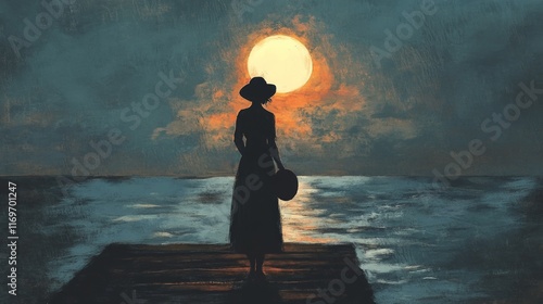 Woman Silhouette at Sunset Over Water with Hat and Pier Background photo