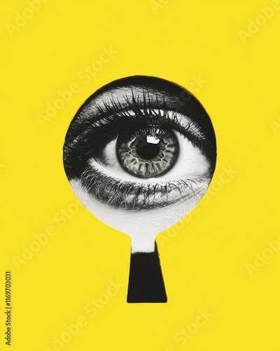 Secrets concealed. A focused female gaze through a keyhole framed by a yellow background. A contemporary art collage. This conceptual piece explores creativity, abstract art, imagination, and