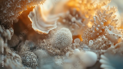 Macro shot of assorted seashells and coral fragments in natural earthy tones, soft focus on intricate textures, glowing warm light to enhance the coastal vibe photo