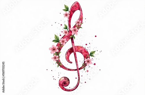 Colorful treble clef design with flowers and artistic splashes on a white background