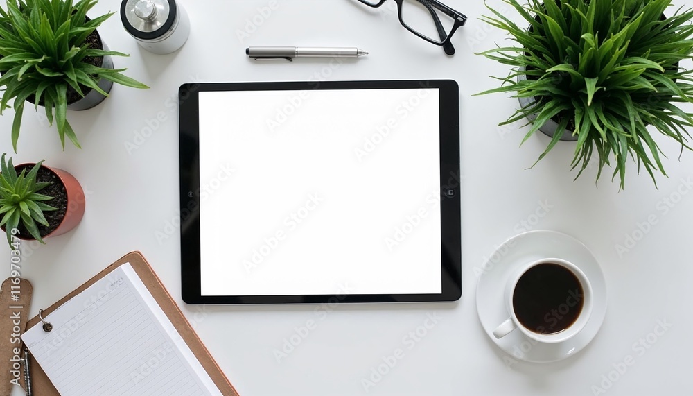 Black tablet with blank screen on white desk with plants and coffee Black tablet with blank screen on white desk with plants and coffee