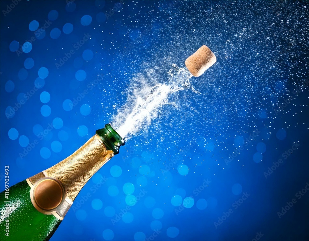 champagne bottle and cork bursting out
