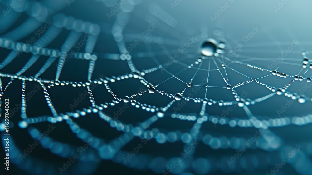 Obraz premium A delicate spiderweb glistens with dew, showcasing natures intricate design against a moody backdrop.