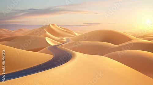 An endless road winds through golden sand dunes, bathed in the warm glow of sunrise, representing limitless potential. photo