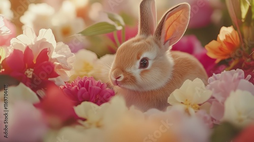 Rabbit in a flower garden, vibrant petals surrounding it, soft midday light, gentle and calm atmosphere,