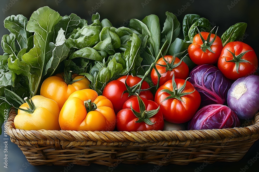 A variety of fresh vegetables including red and yellow tomatoes, purple cabbage, and leafy greens are arranged in a woven basket, highlighting their natural colors and freshness. A variety of fresh vegetables including red and yellow tomatoes, purple cabbage, and leafy greens are arranged in a woven basket, highlighting their natural colors and freshness.