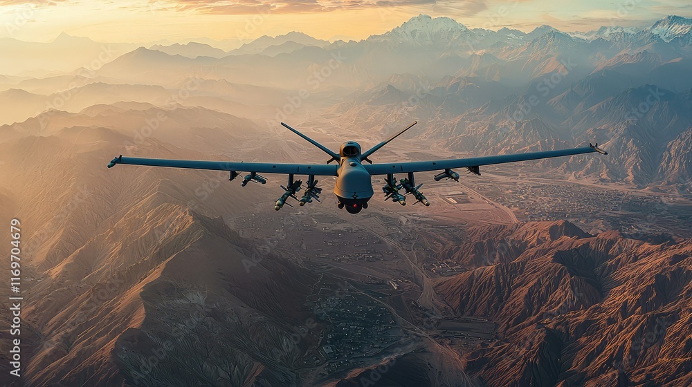 Fototapeta premium Aircraft Flying Over Mountain Range at Sunset in Dramatic Landscape