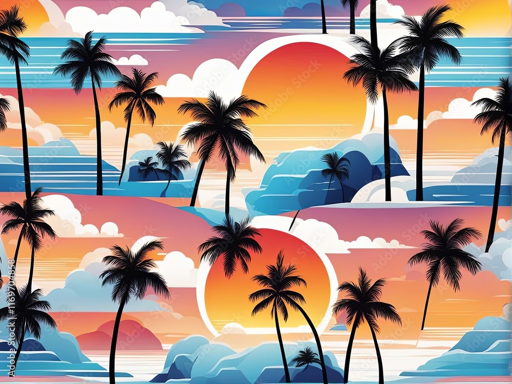 Obraz premium Captivating tropical scene with vivid sunset colors, palm trees framing peaceful coastline, mountains reflecting in calm waters, ideal for lifestyle and travel imagery, evoking relaxation, adventure.