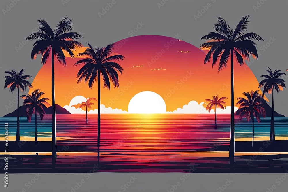 Naklejka premium Captivating tropical scene with vivid sunset colors, palm trees framing peaceful coastline, mountains reflecting in calm waters, ideal for lifestyle and travel imagery, evoking relaxation, adventure.