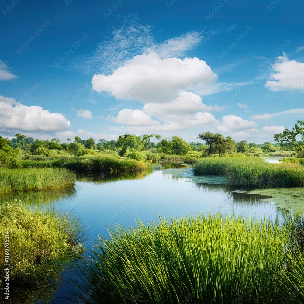 Obraz premium Lush Green Wetlands: A Scenic Haven of Wildlife and Natural Beauty