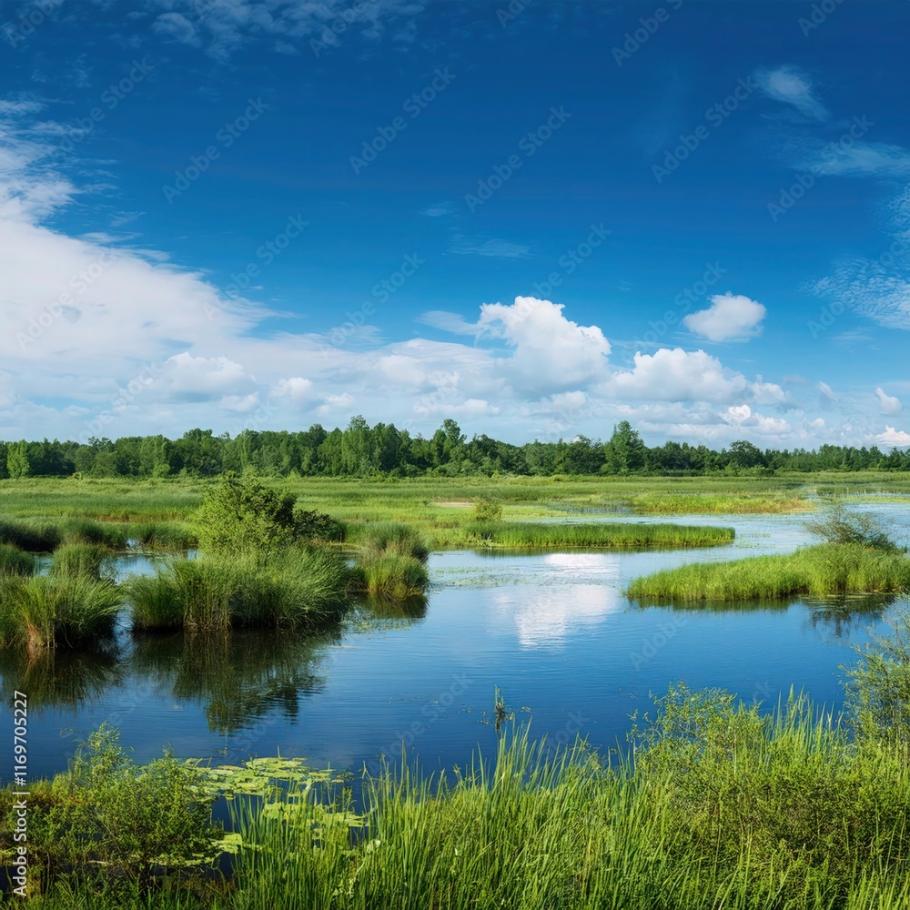 Fototapeta premium Lush Green Wetlands: A Scenic Haven of Wildlife and Natural Beauty