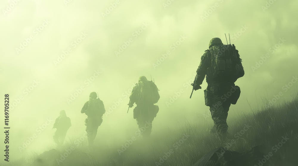 Soldiers Advancing Through Fog on a Military Operation Soldiers Advancing Through Fog on a Military Operation