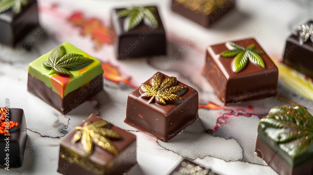 Artistic chocolates with cannabis leaf decorations in a colorful and contemporary layout, emphasizing indulgence and wellness. Artistic chocolates with cannabis leaf decorations in a colorful and contemporary layout, emphasizing indulgence and wellness.
