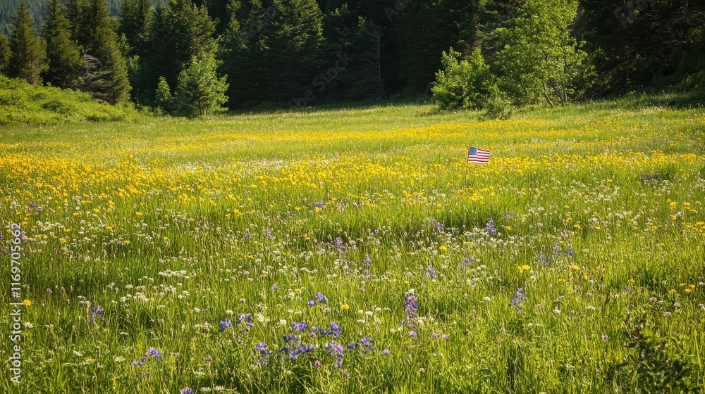 Obraz premium Sunny spring field with wildflowers and an American flag, natural lighting and vibrant outdoor atmosphere, clean composition,
