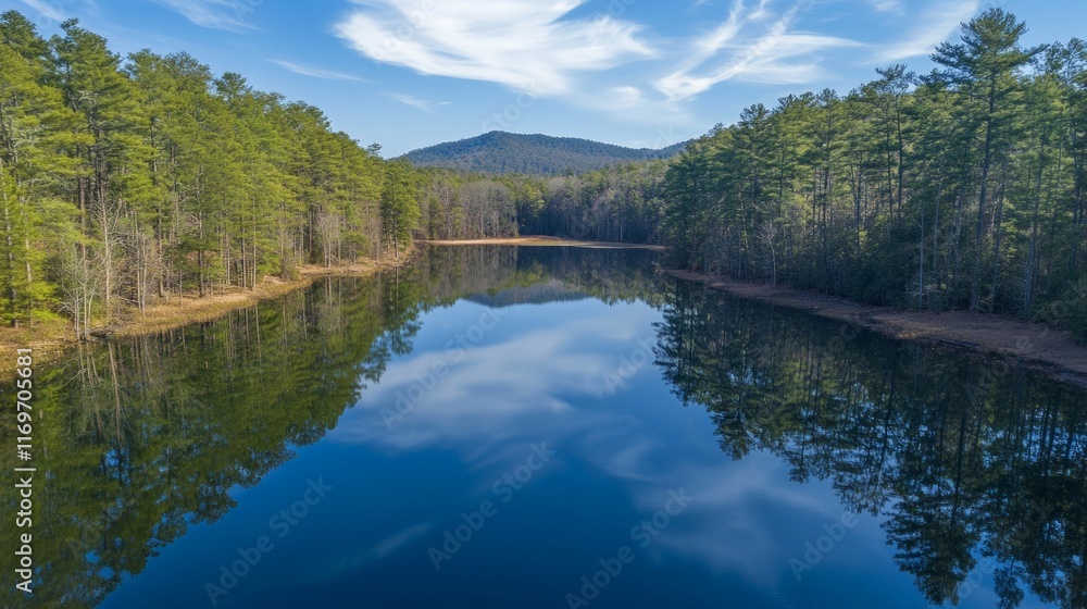 Obraz premium Serene Reflection of Trees and Clouds on Calm Mountain Lake