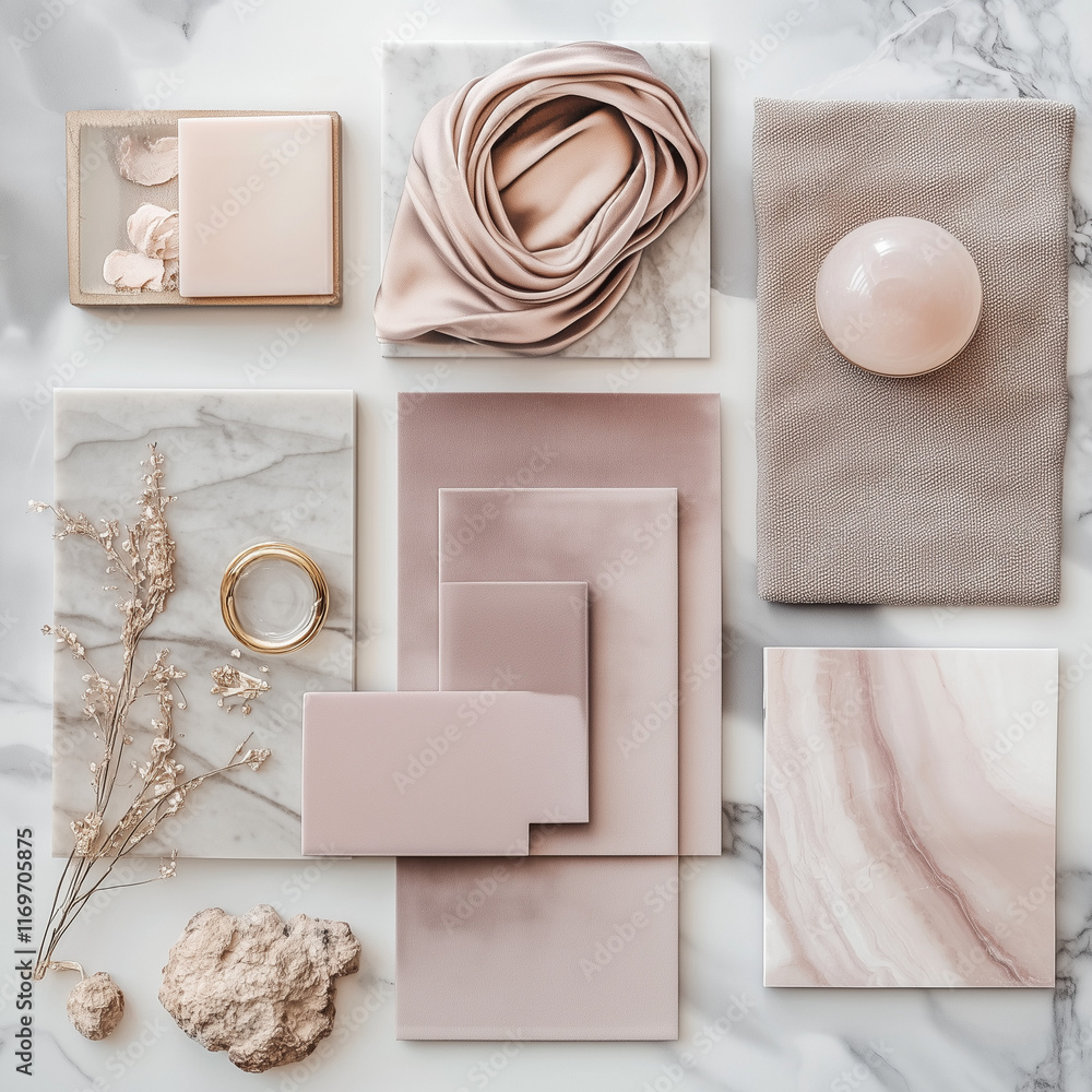 luxurious flat lay featuring soft textures such as silk and velvet in pastel tones, accents of gold foil details, minimalist typography, marble surfaces, and subtle lighting. Elegant and modern. luxurious flat lay featuring soft textures such as silk and velvet in pastel tones, accents of gold foil details, minimalist typography, marble surfaces, and subtle lighting. Elegant and modern.