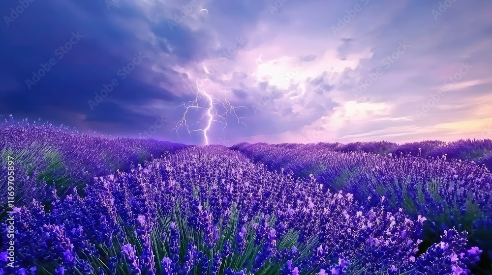 Naklejka premium Majestic Lavender Field Under Dramatic Sky with Lightning Strikes